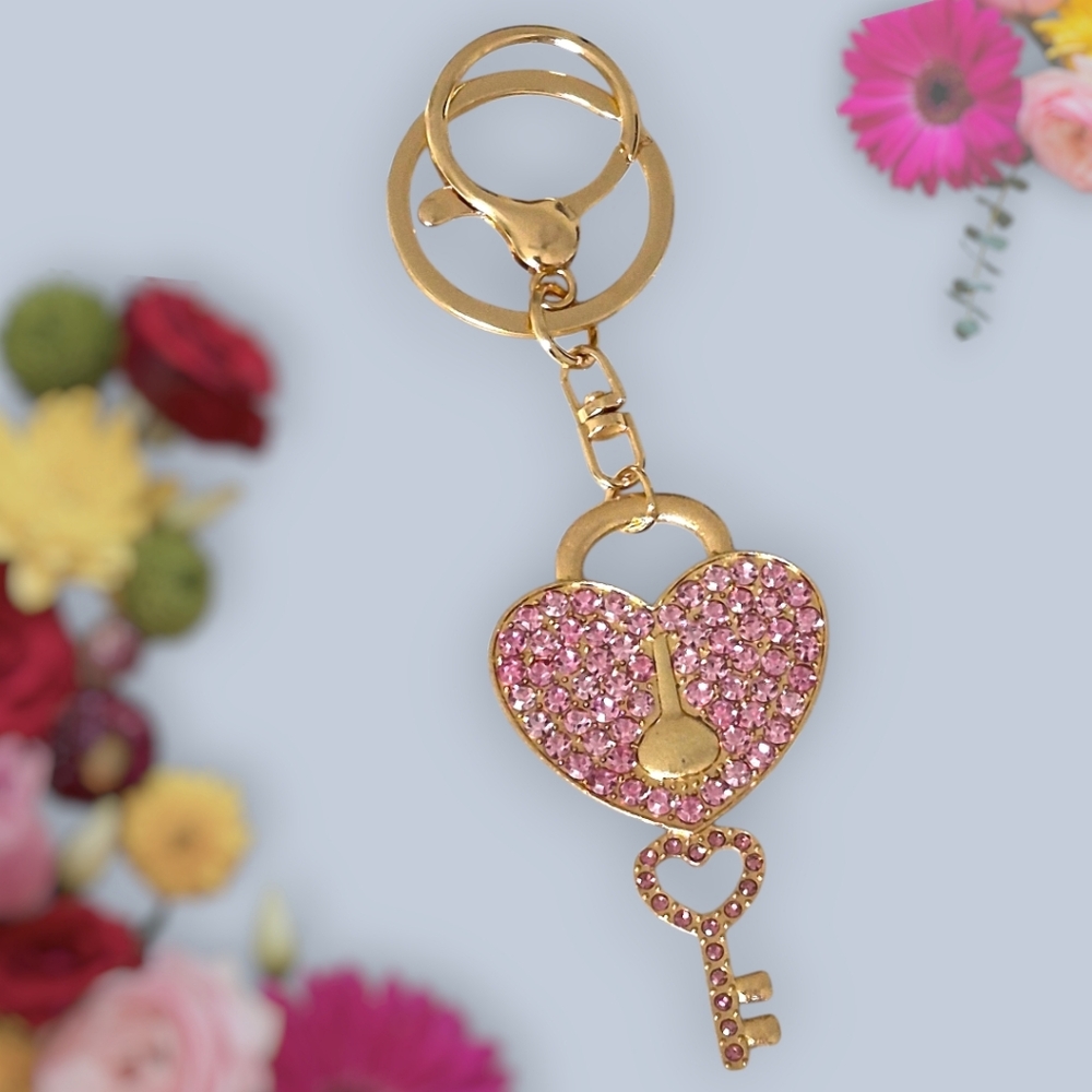 Heart & Key Bag Charm / Keychain with Pink Crystal Accents